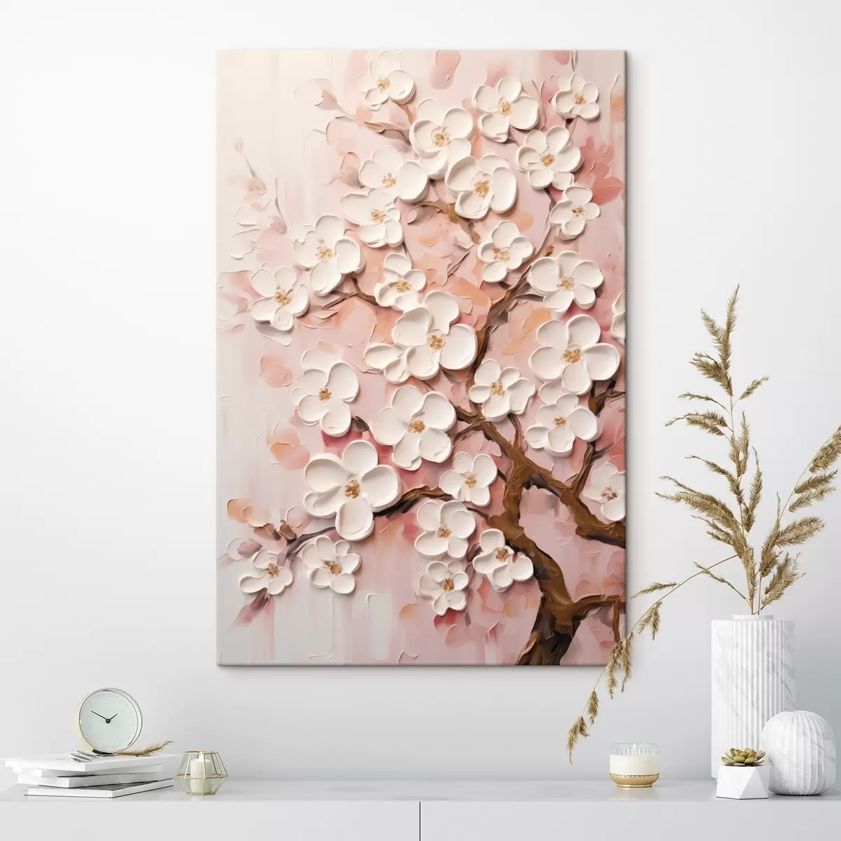 Tableau Branche fleurie : composition en relief dans des tons roses clairs s45543