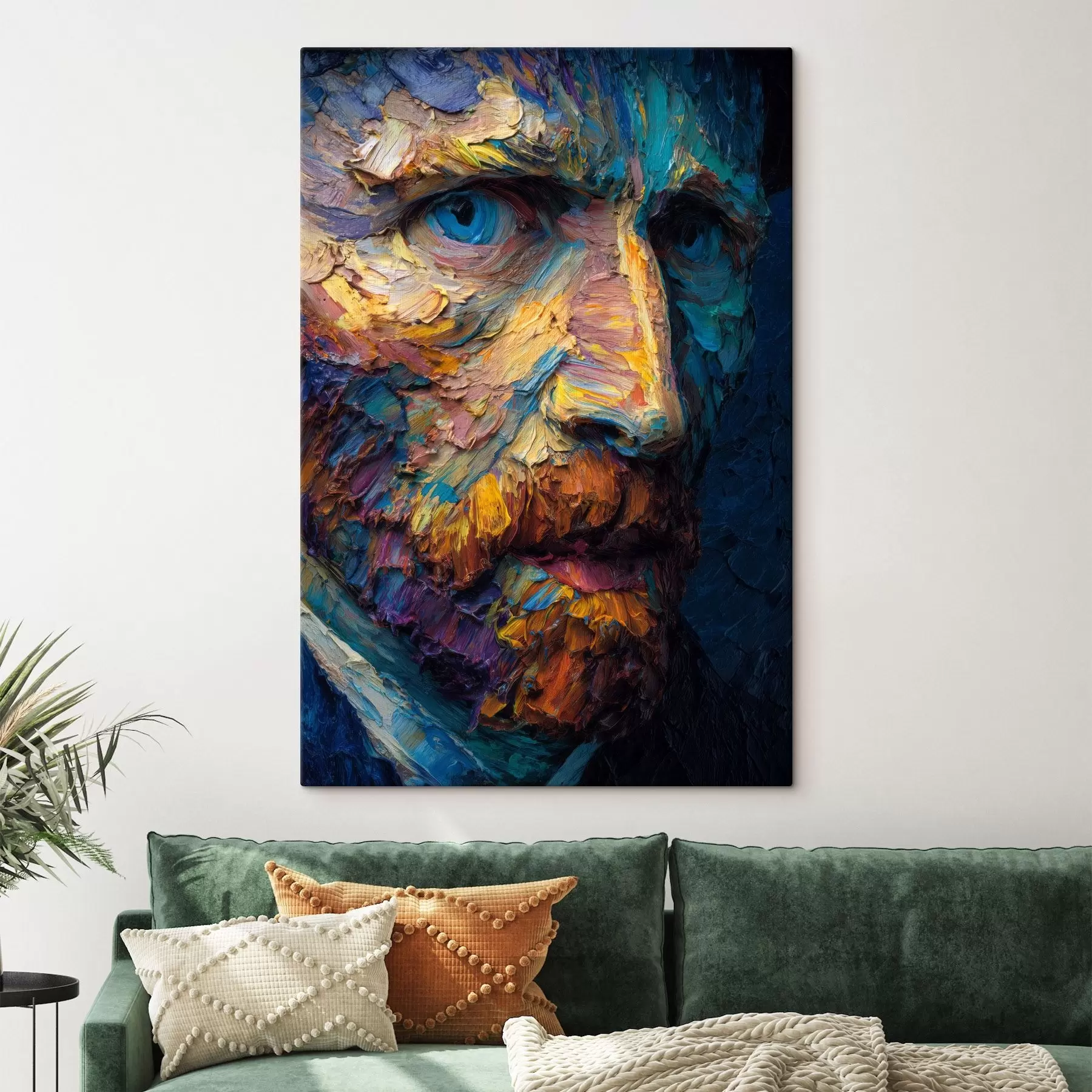 Tableau Portrait décoratif de Van Gogh : peinture en relief dans les tons bleu et orange s45546