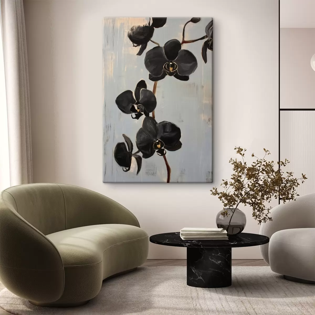 Tableau Orchidées décoratives : fleurs noires sur fond gris s45547