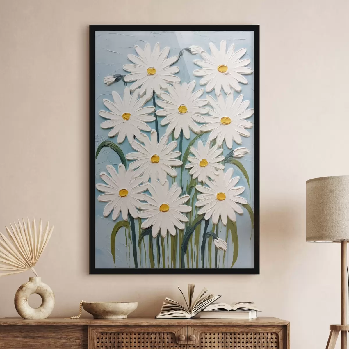 Poster Marguerites dans le style de la peinture en relief : composition sur fond bleu f45527