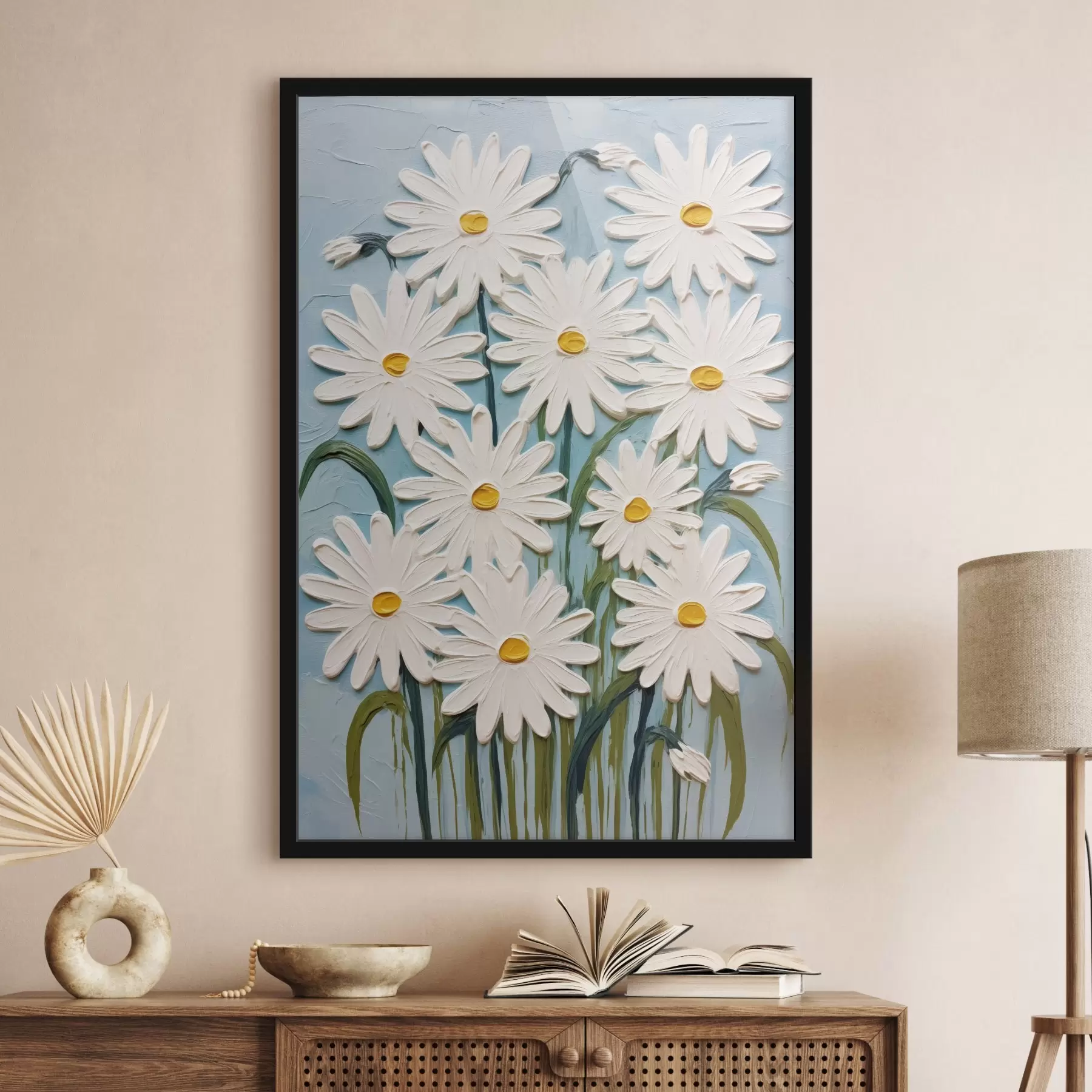 Papier peint Marguerites dans le style de la peinture en relief : composition sur fond bleu f45527