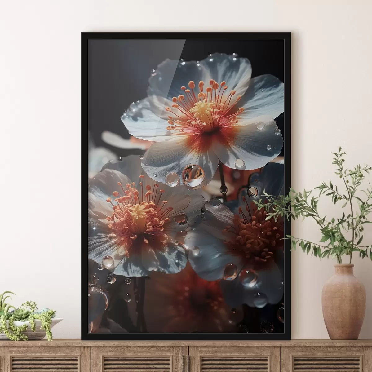 Poster Motif floral : beauté des pétales avec rosée sur fond sombre f45529