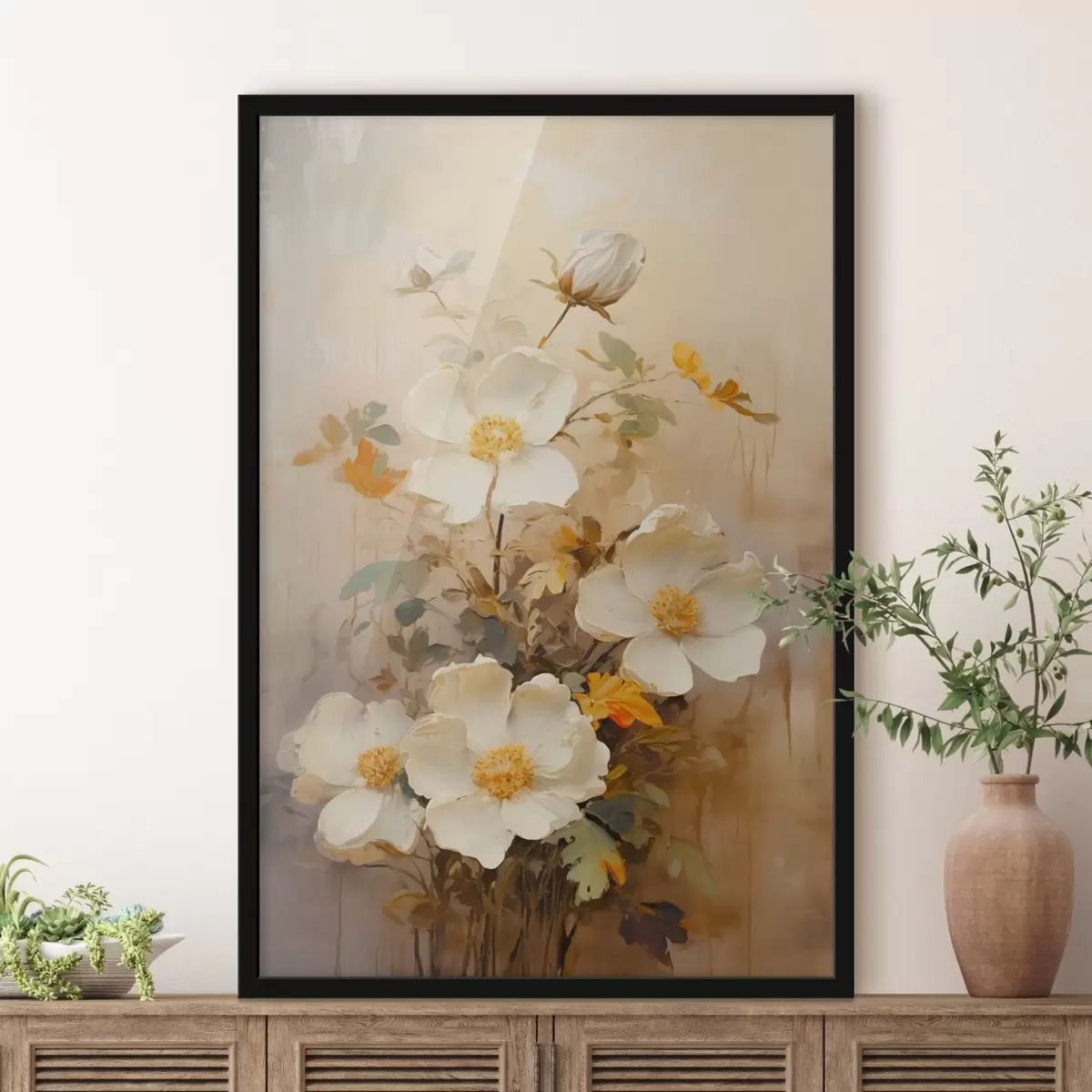 Poster Fleurs blanches : composition picturale dans des tons pastel f45533