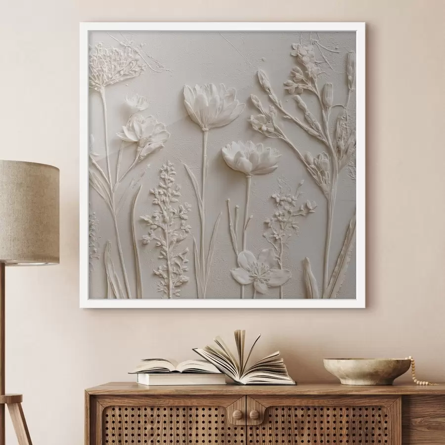 Papier peint Composition abstraite : style bas-relief avec des fleurs sur un fond clair f45535