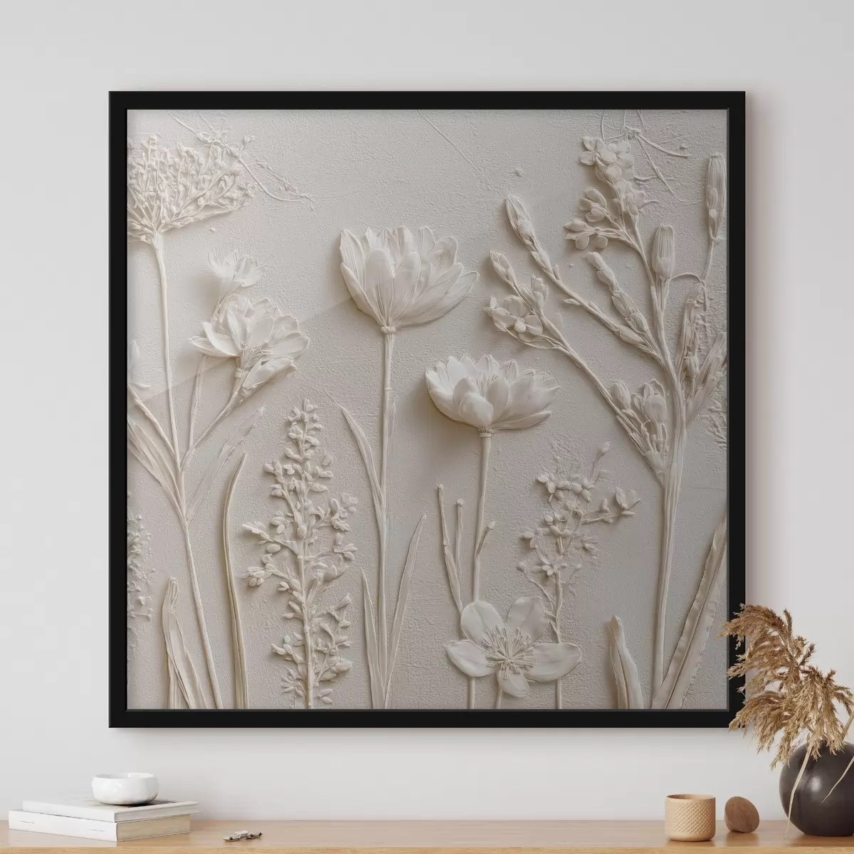 Poster Composition abstraite : style bas-relief avec des fleurs sur un fond clair f45535