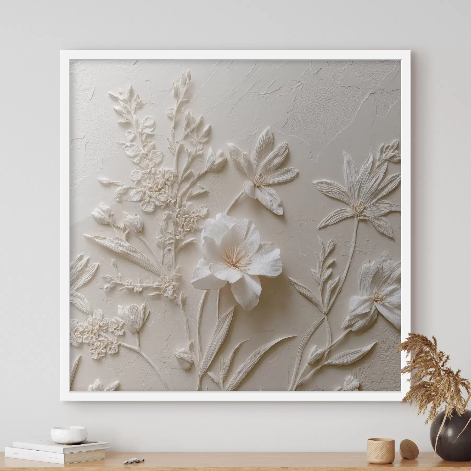 Papier peint Motif floral : style bas-relief avec des plantes sur un fond clair f45536