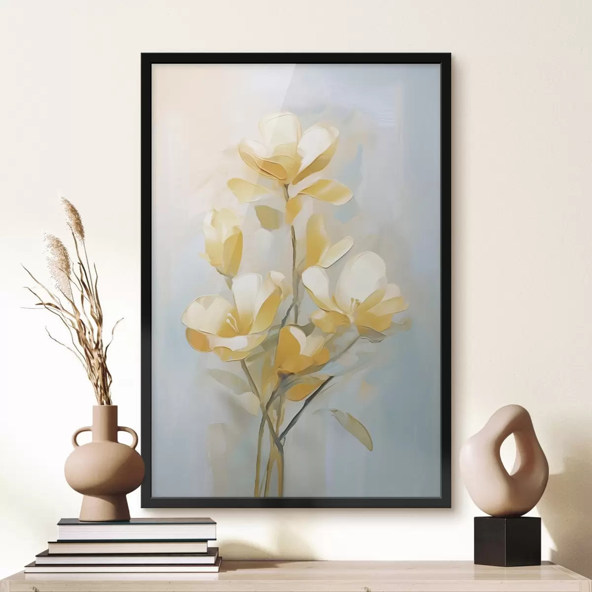 Poster Motif floral : bouquet dans les tons jaune clair et bleu f45540