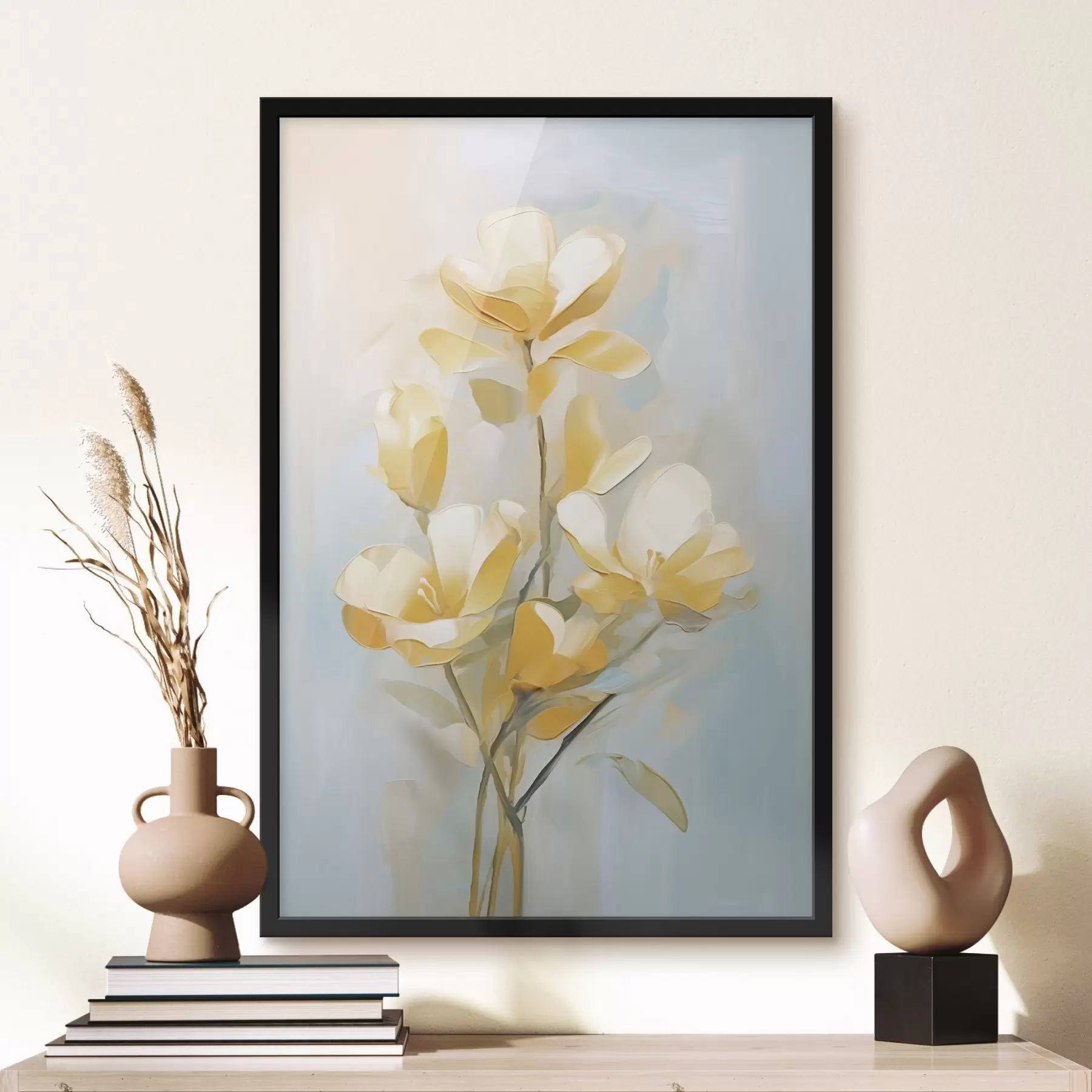 Papier peint Motif floral : bouquet dans les tons jaune clair et bleu f45540