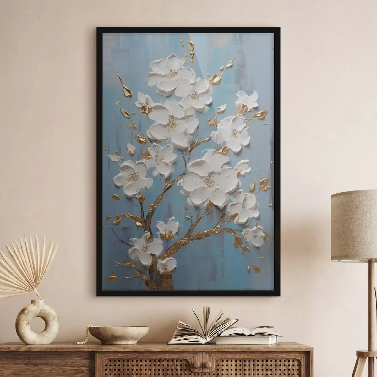 Poster Fleurs blanches sur une branche : motif décoratif dans les tons bleu clair f45541