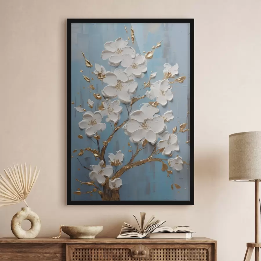 Papier peint Fleurs blanches sur une branche : motif décoratif dans les tons bleu clair f45541