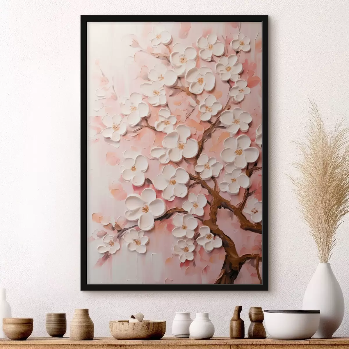 Poster Branche fleurie : composition en relief dans des tons roses clairs f45543