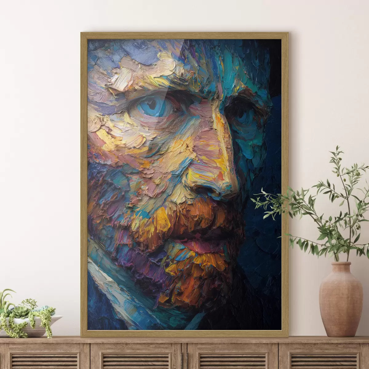 Poster Portrait décoratif de Van Gogh : peinture en relief dans les tons bleu et orange f45546