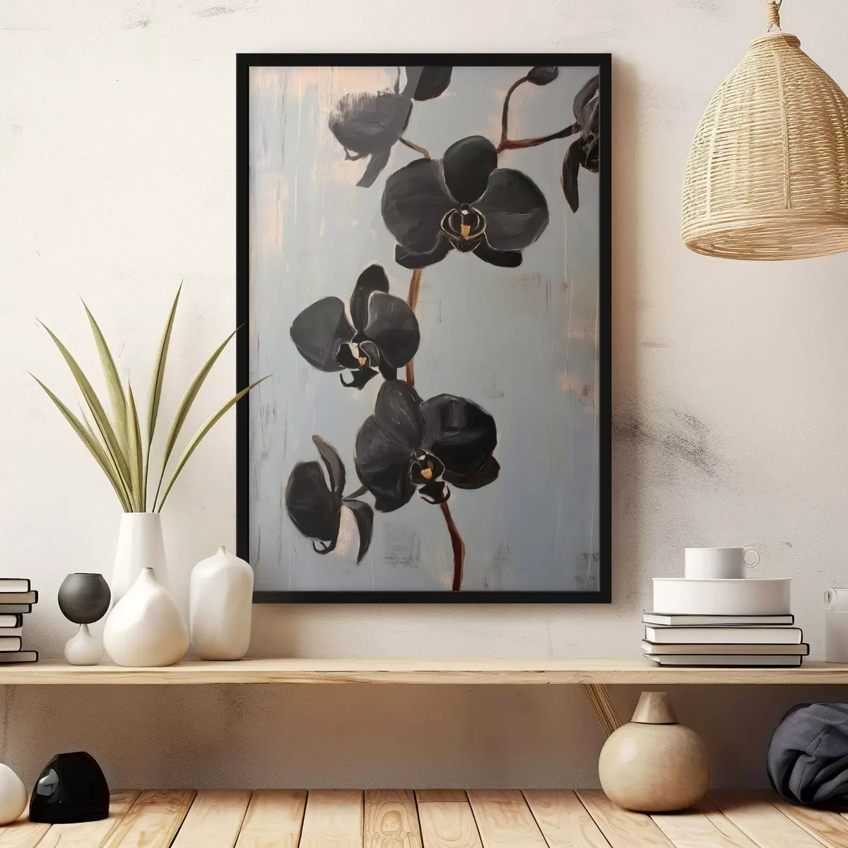 Poster Orchidées décoratives : fleurs noires sur fond gris f45547