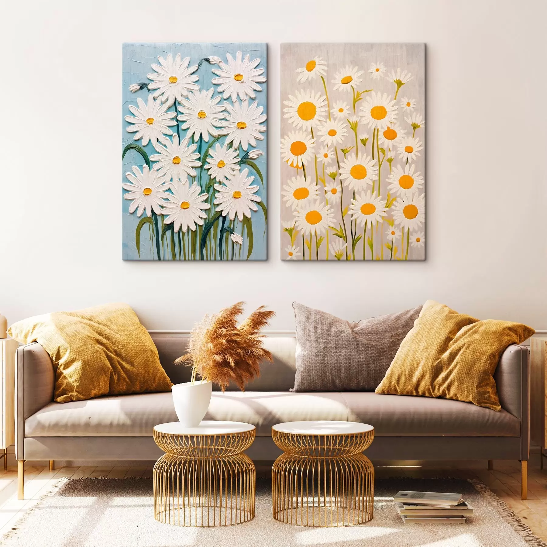 Tableau Fraîcheur printanière : diptyque de marguerites volumineuses en style empâté m00633