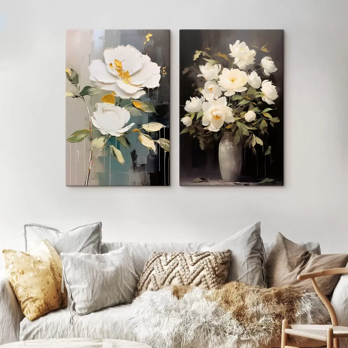 Tableau Pivoines blanches sur fond sombre : composition décorative m00634