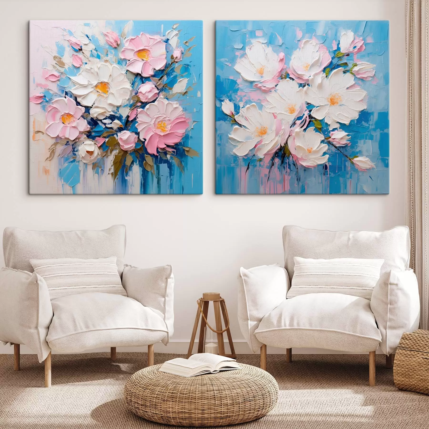 Tableau Fleurs abstraites : composition décorative dans les tons roses et bleus m00643
