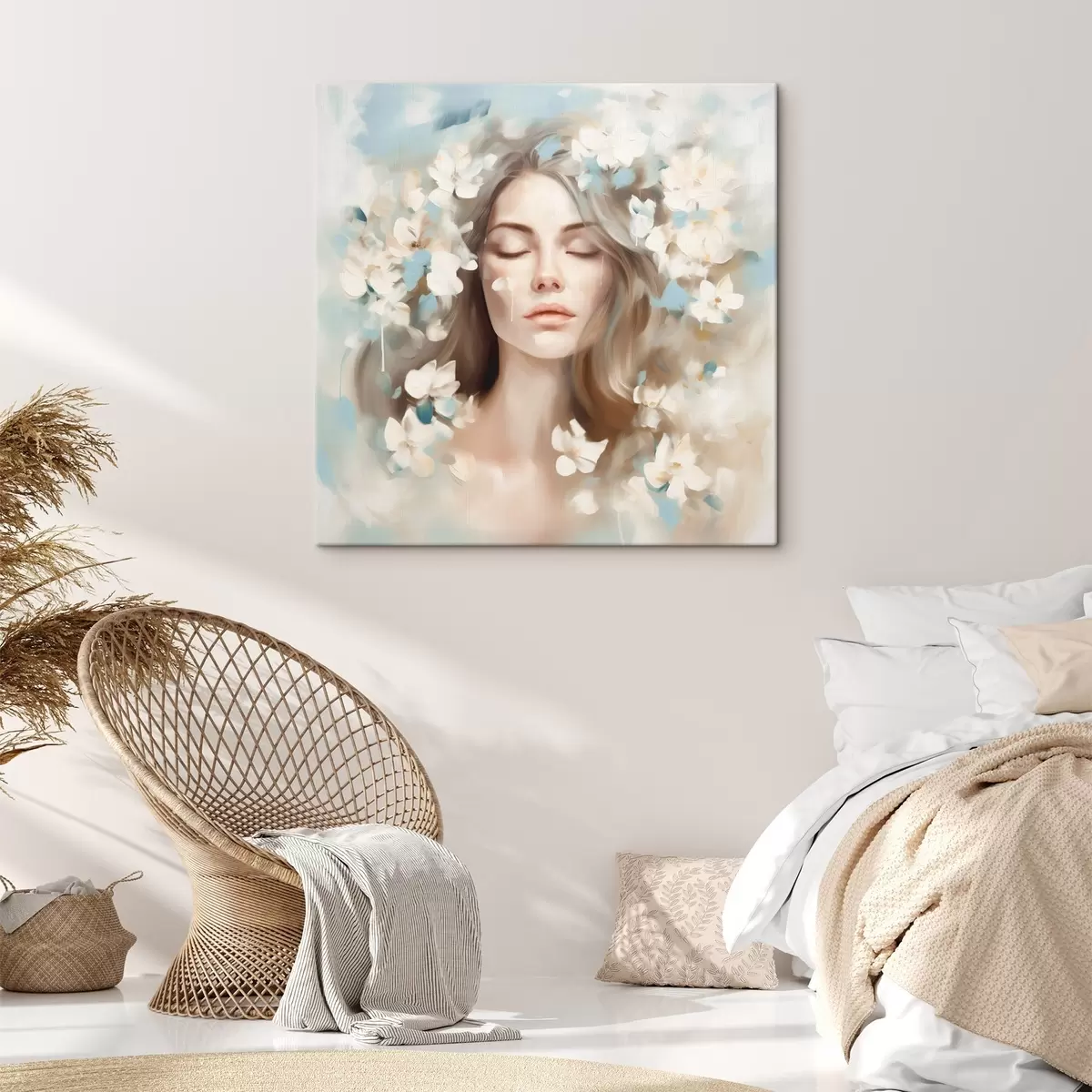 Tableau Portrait abstrait d'une femme avec des fleurs en forme de coups de pinceau s45450