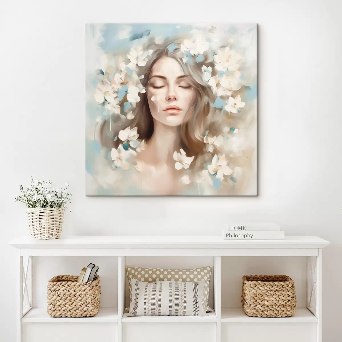 Tableau Portrait abstrait d'une femme avec des fleurs en forme de coups de pinceau s45450