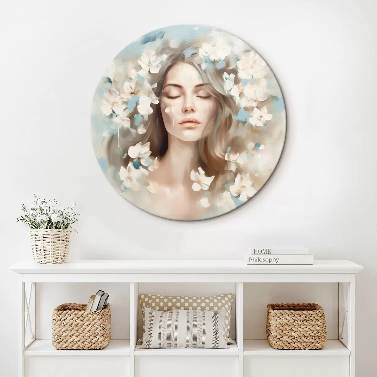Tableaux rondes Portrait abstrait d'une femme avec des fleurs en forme de coups de pinceau r45450