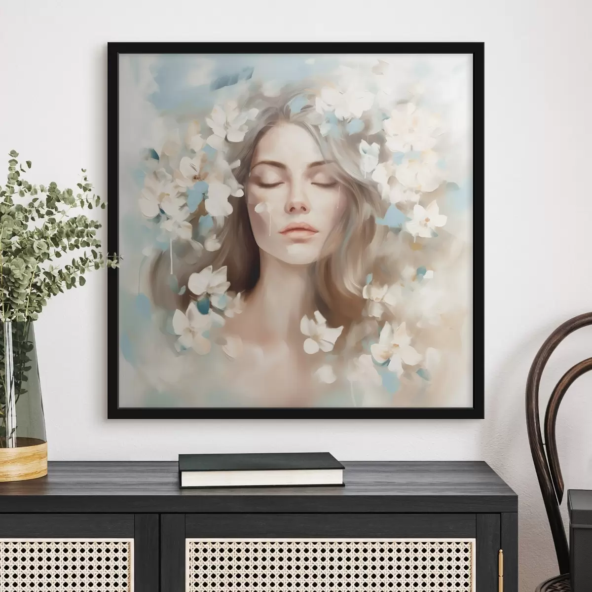 Poster Portrait abstrait d'une femme avec des fleurs en forme de coups de pinceau f45450