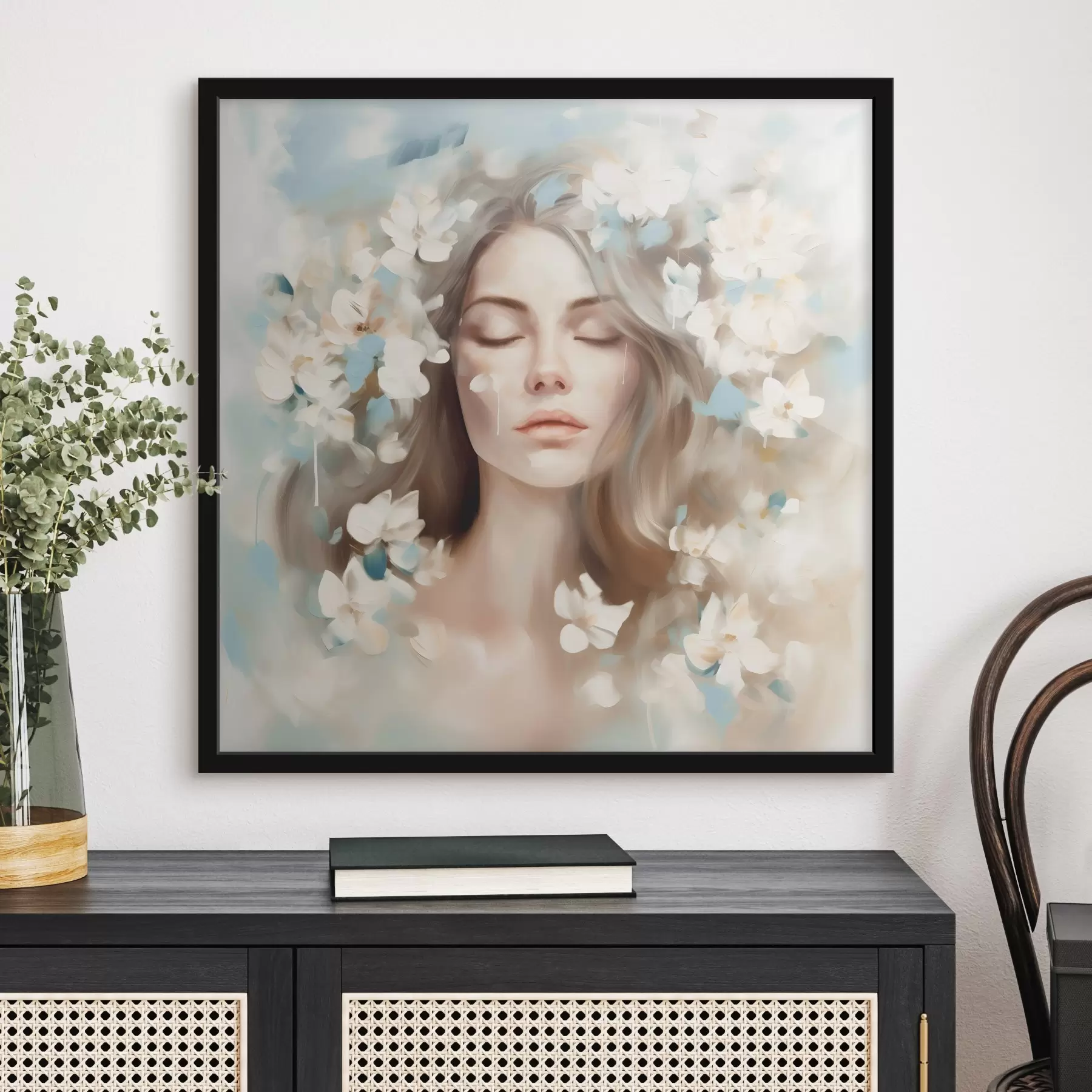 Papier peint Portrait abstrait d'une femme avec des fleurs en forme de coups de pinceau f45450