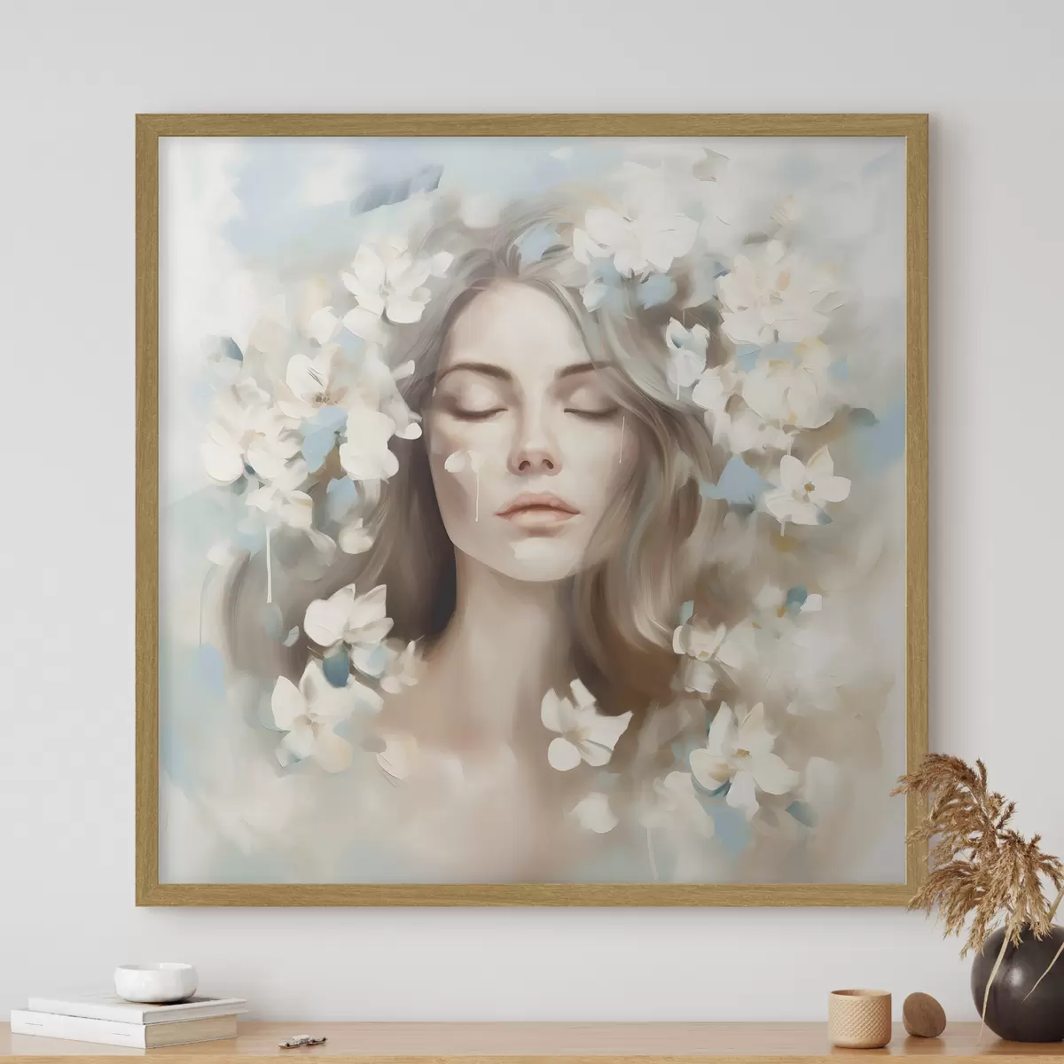 Poster Portrait abstrait d'une femme avec des fleurs en forme de coups de pinceau f45450