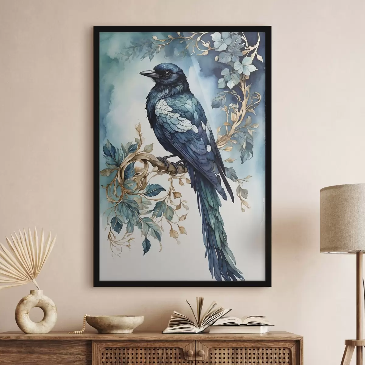 Poster Oiseau bleu sur une branche avec des feuilles de style aquarelle f45483