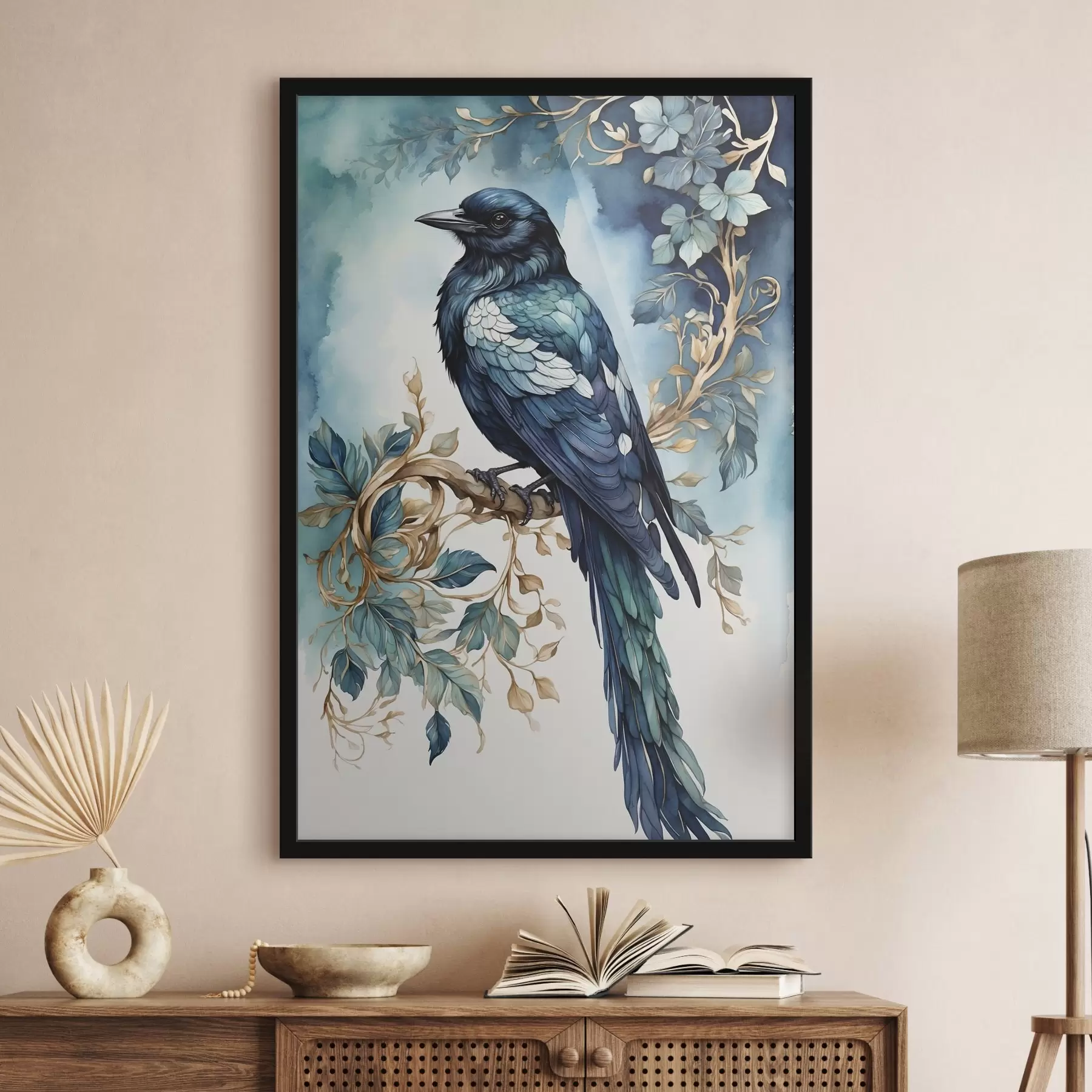Papier peint Oiseau bleu sur une branche avec des feuilles de style aquarelle f45483