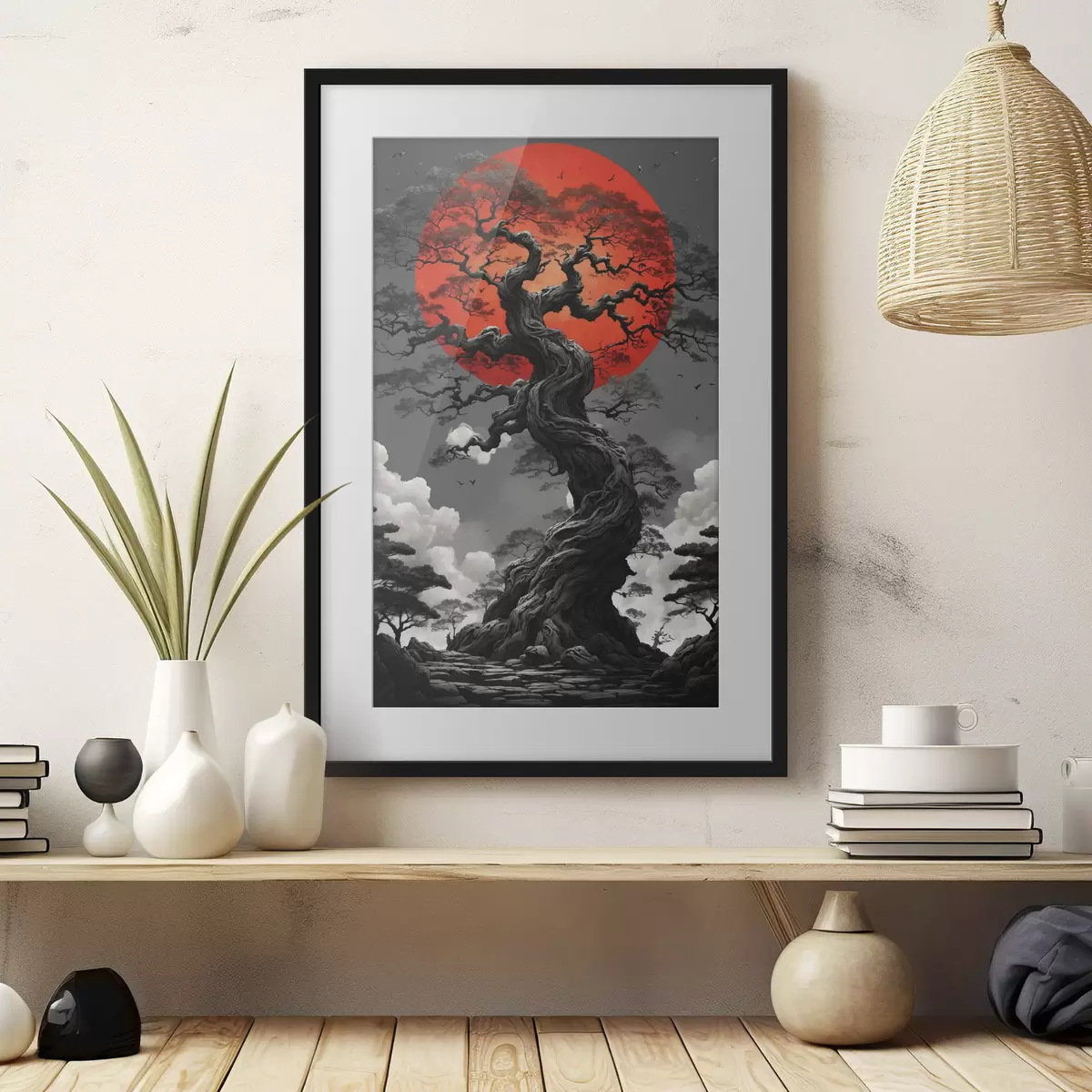 Poster Arbre et soleil rouge f45485