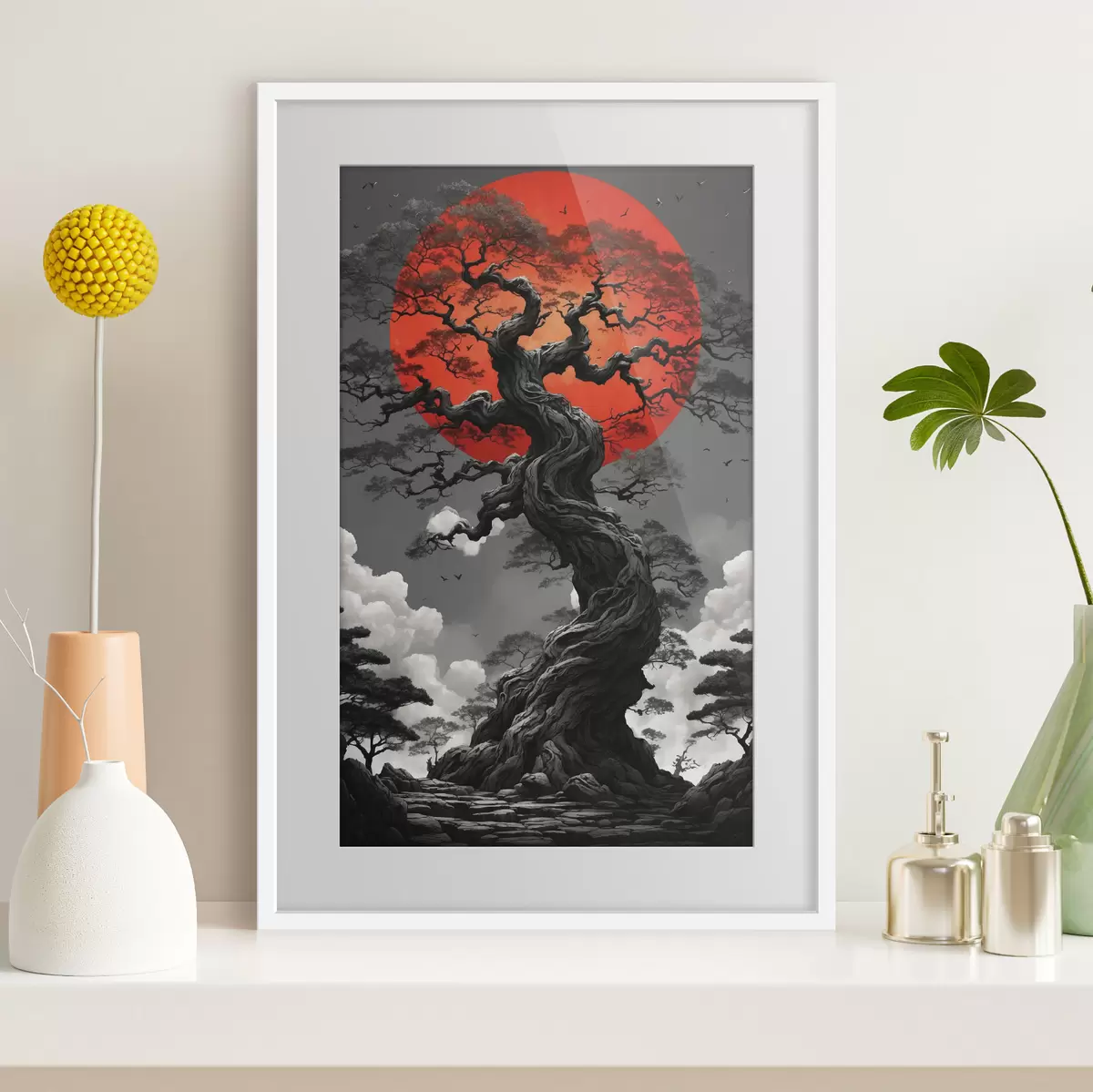 Poster Arbre et soleil rouge f45485