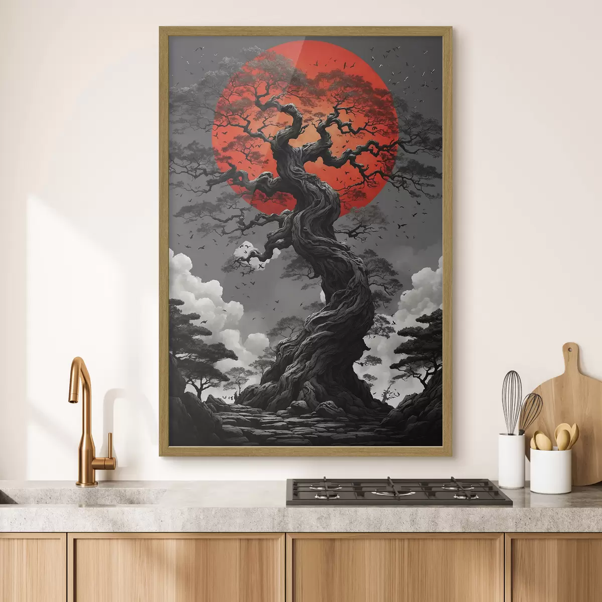 Poster Arbre et soleil rouge f45485