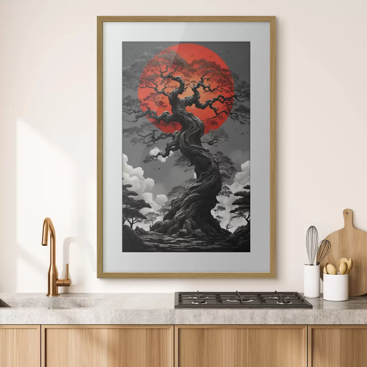 Poster Arbre et soleil rouge f45485
