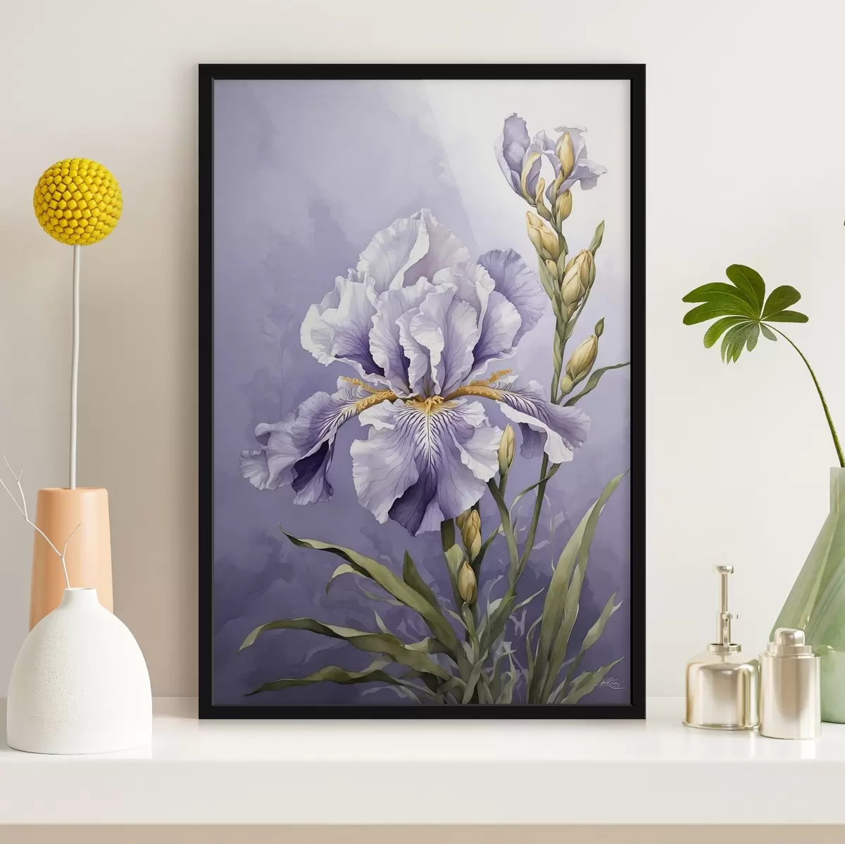 Poster Oiseau bleu sur une branche avec des feuilles de style aquarelle f45486