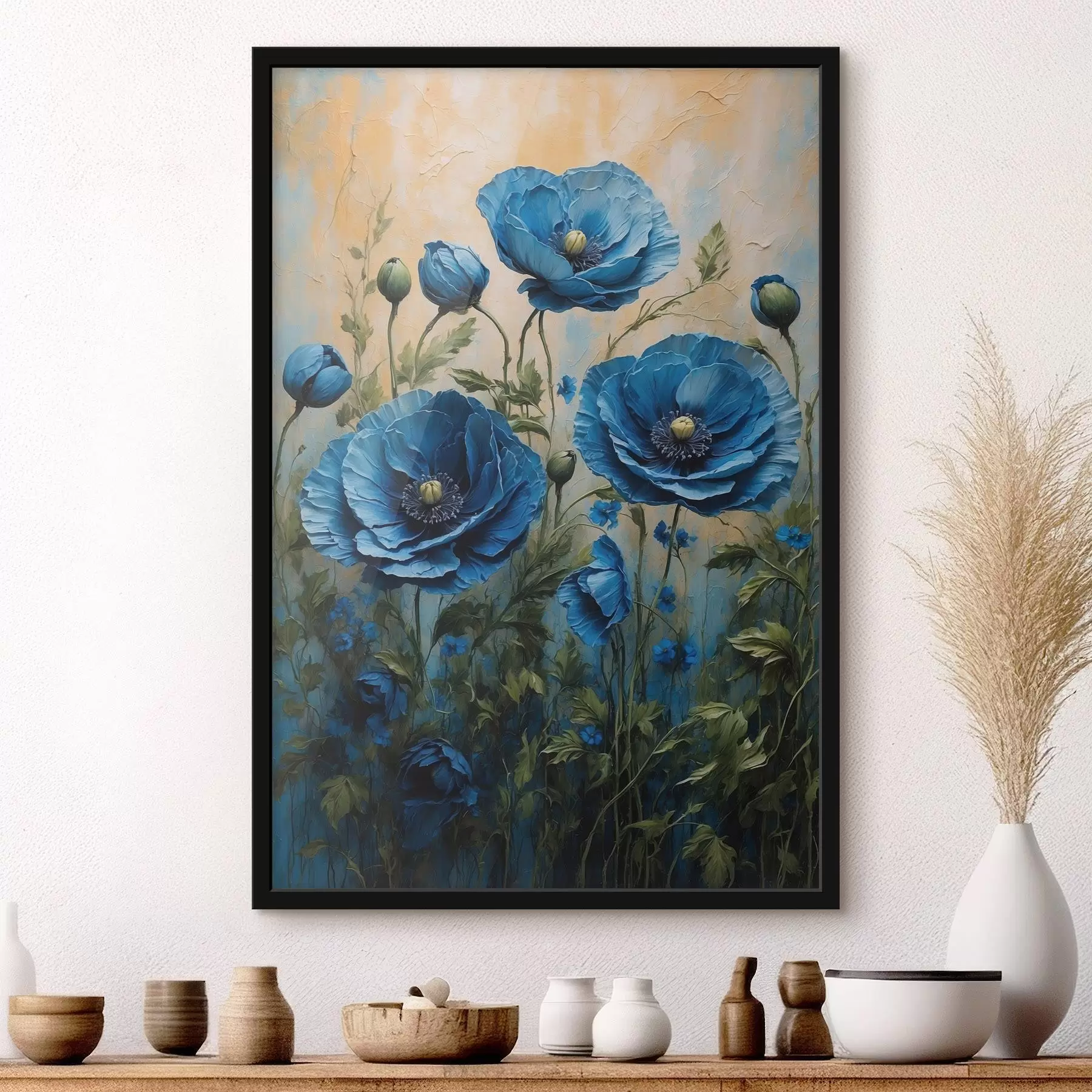 Papier peint Grands coquelicots bleus avec bourgeons sur fond clair f45488