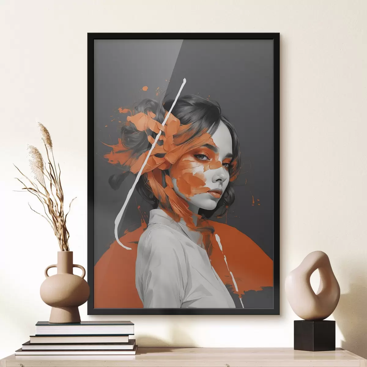 Poster Portrait d'une femme avec des coups de pinceau orange f45489
