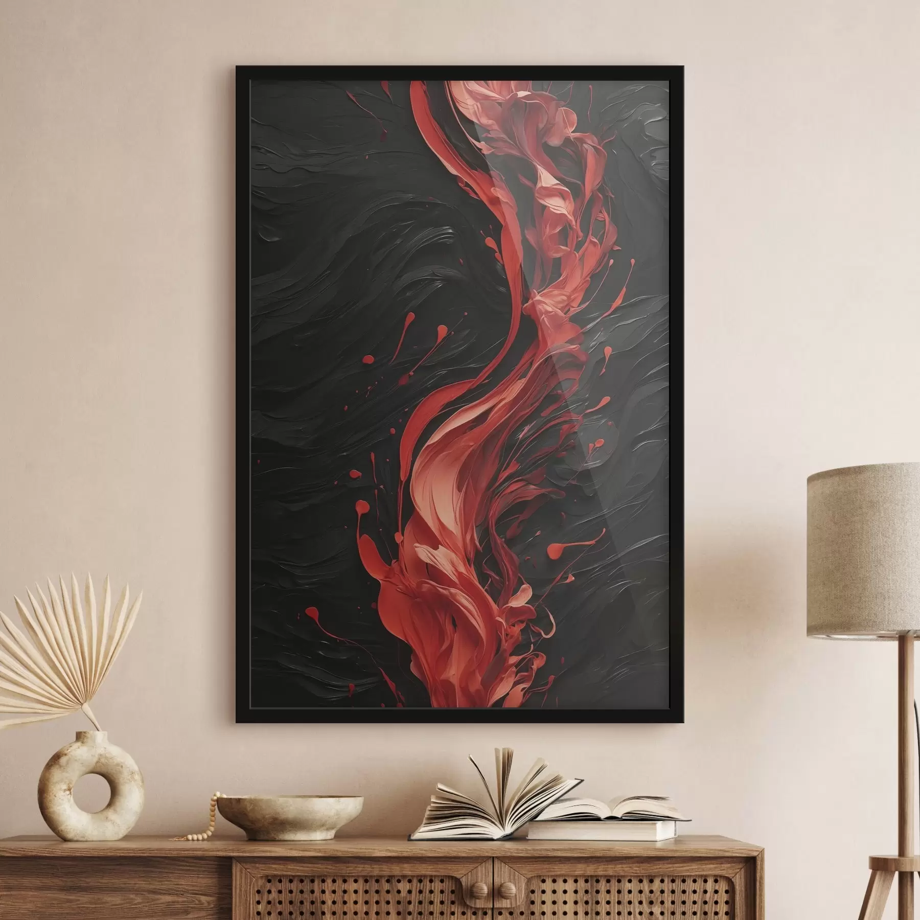 Papier peint Abstrait avec coups de pinceau rouges sur fond noir f45490