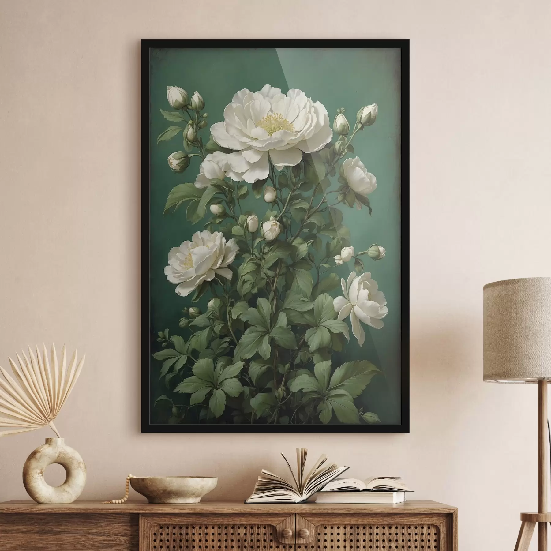 Papier peint Fleurs de pivoine crème sur fond vert f45491