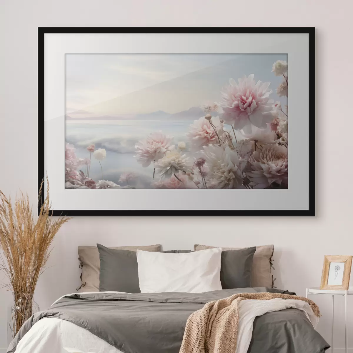 Poster Fleurs roses délicates au bord de la mer à l'aube f45496