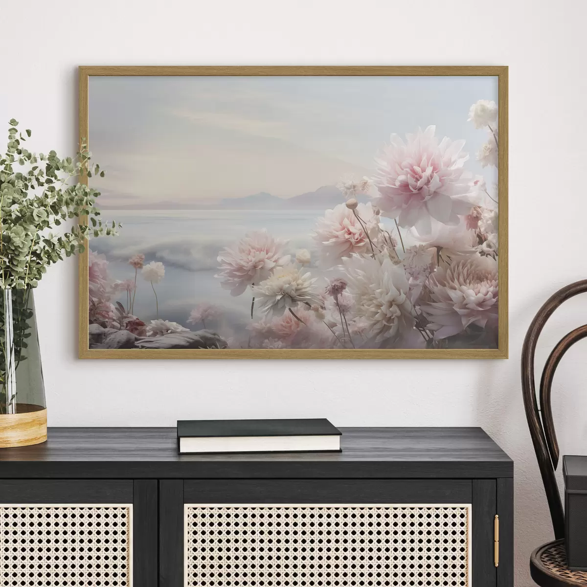Poster Fleurs roses délicates au bord de la mer à l'aube f45496