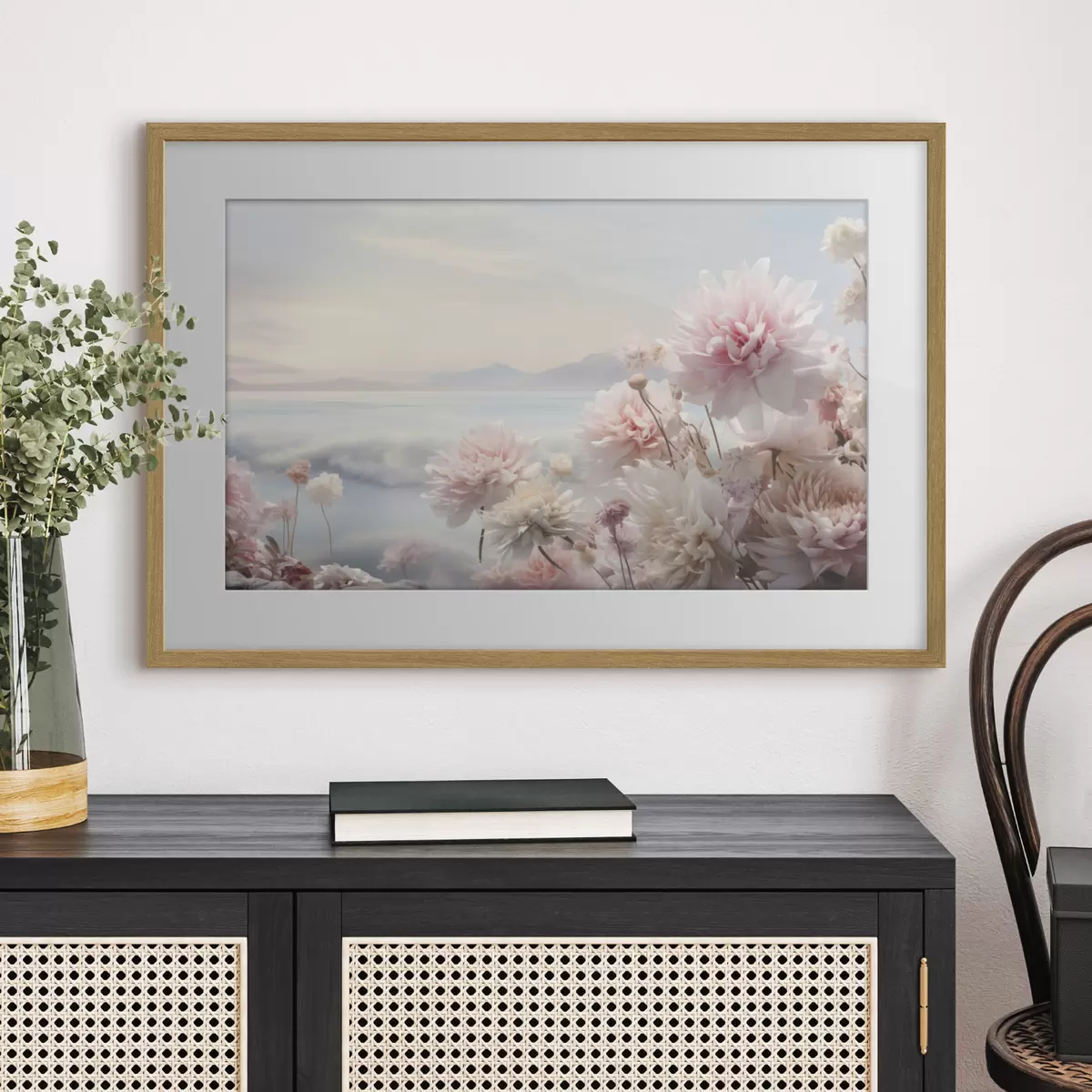 Poster Fleurs roses délicates au bord de la mer à l'aube f45496