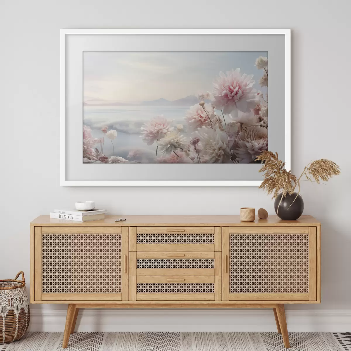 Poster Fleurs roses délicates au bord de la mer à l'aube f45496