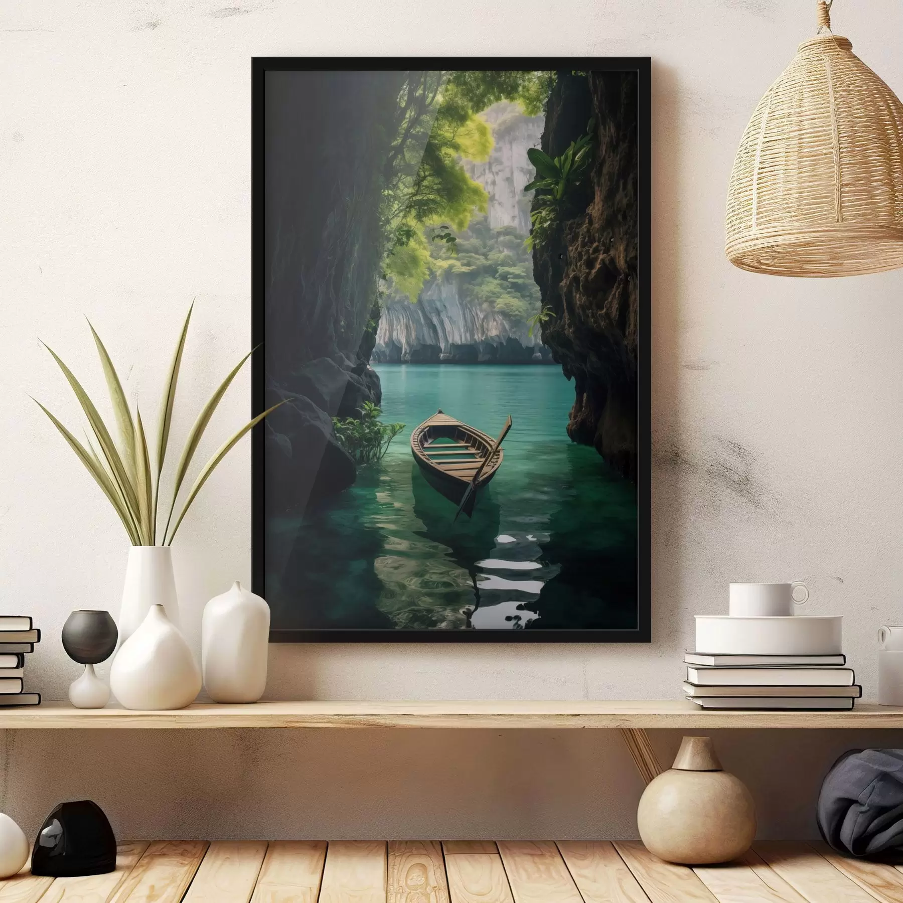 Papier peint Bateau sur l'eau turquoise parmi les rochers f45507