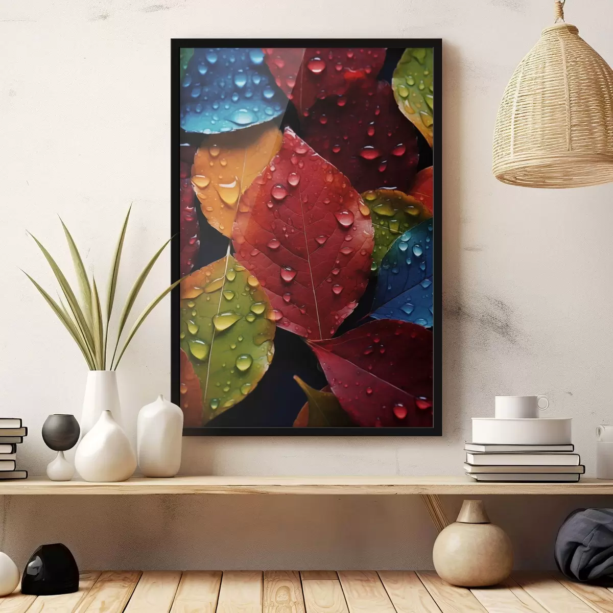 Poster Feuilles colorées avec des gouttes d'eau f45516