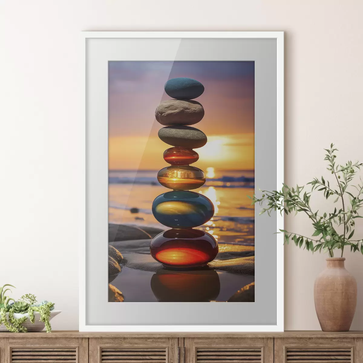 Poster Pierres empilées sur fond de coucher de soleil f45520