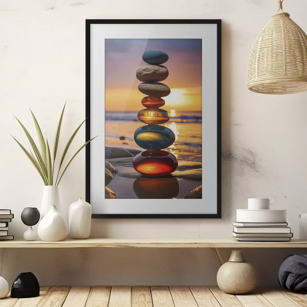 Poster Pierres empilées sur fond de coucher de soleil f45520