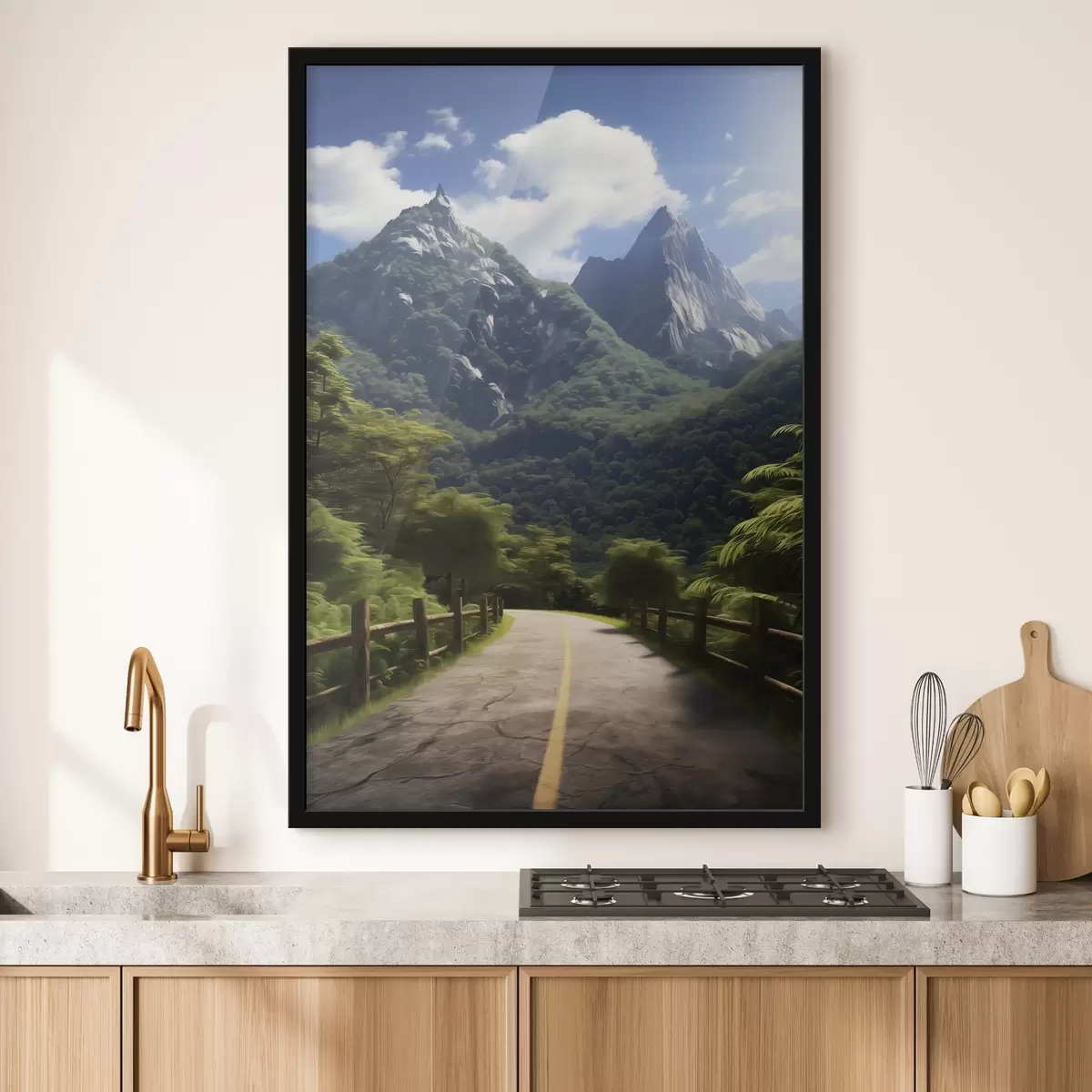 Poster Route de montagne parmi les arbres verts f45525