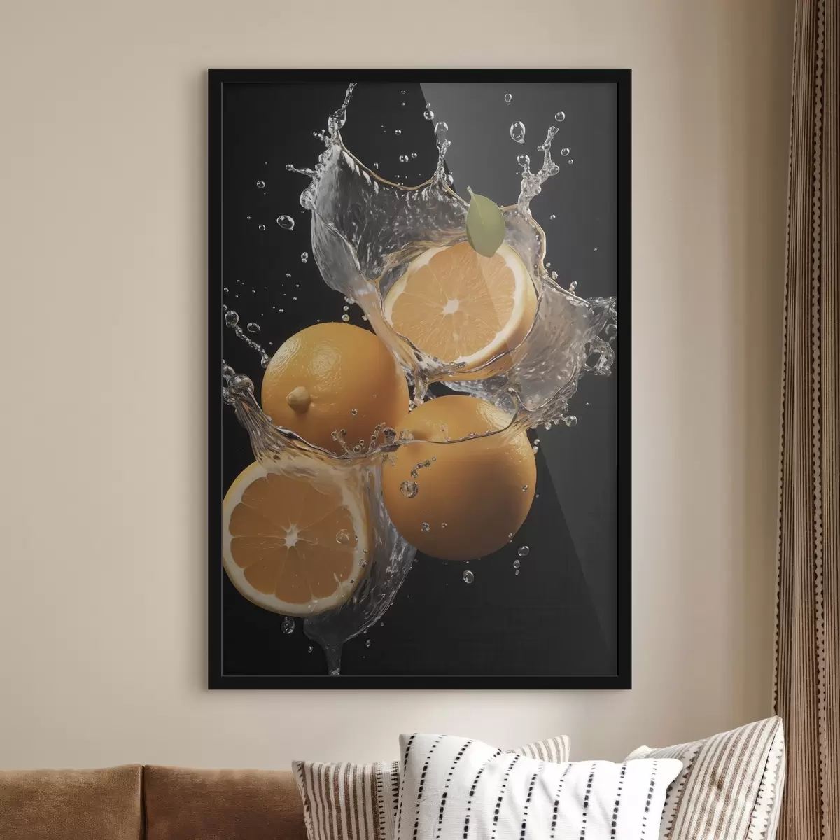 Poster Des oranges juteuses dans des éclaboussures d'eau f45526