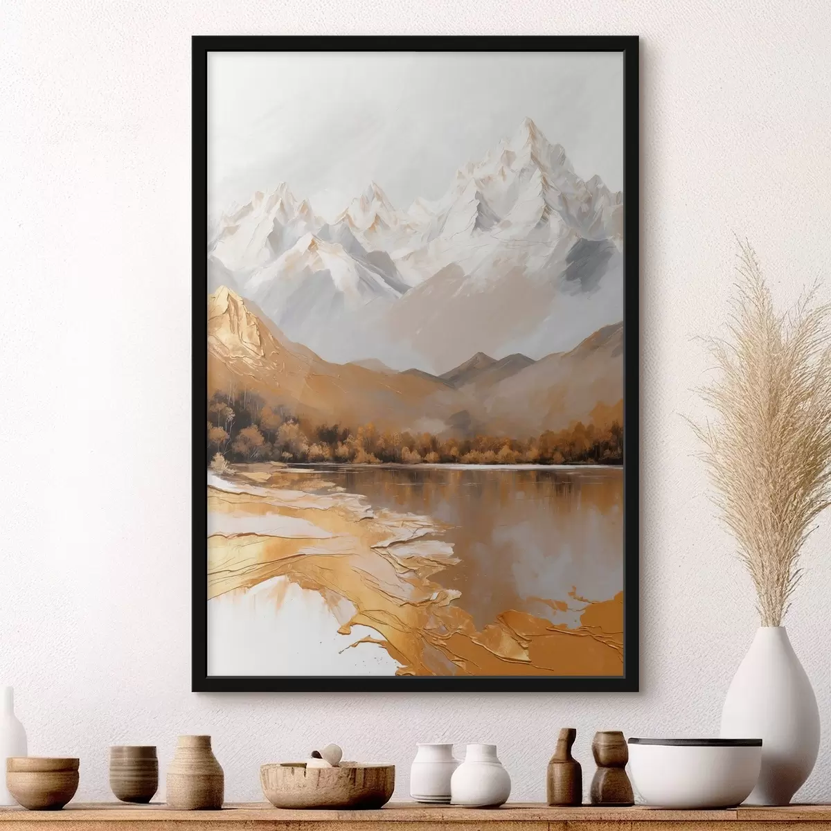 Poster Paysage de montagne avec un lac et des arbres f45620
