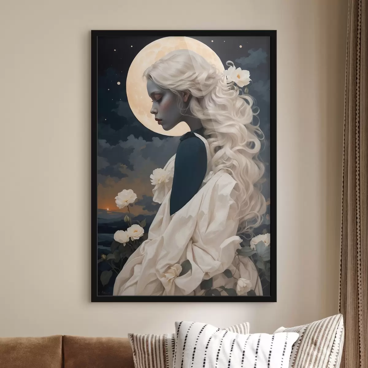 Poster Femme aux cheveux blancs sous la lune f45622