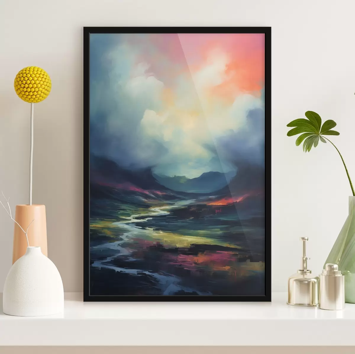 Poster Paysage abstrait avec une rivière et des montagnes f45627